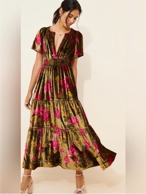 Anthropologie Olive Velvet Maxi Dress with Pink Floral